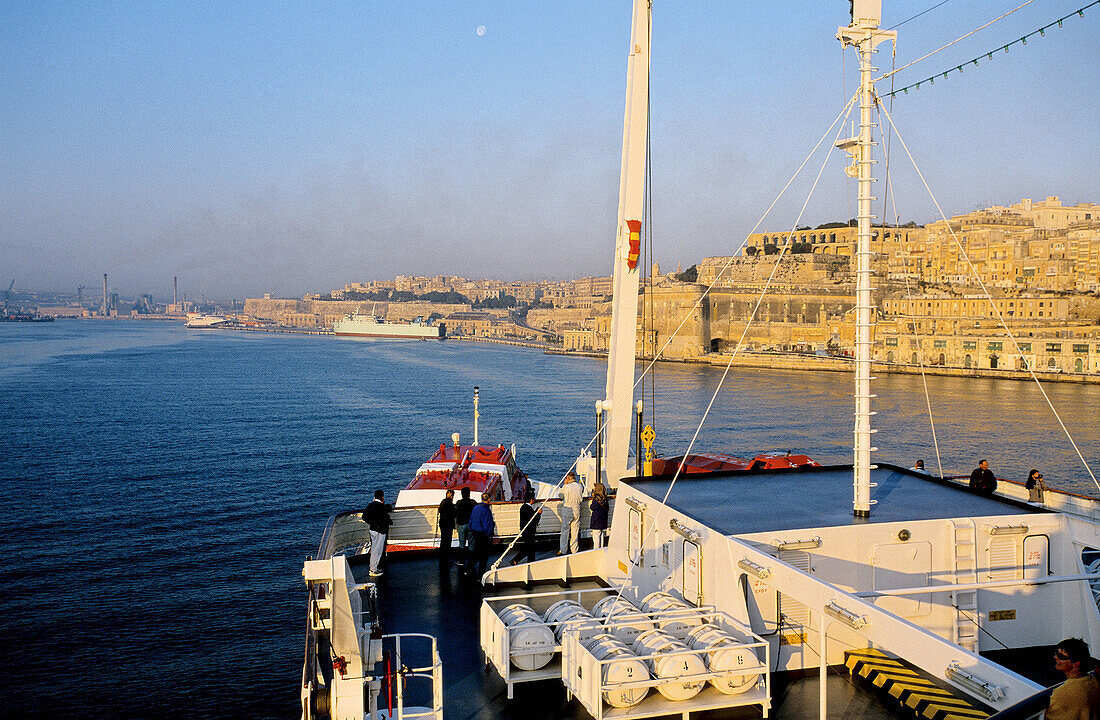 Valletta ramparts seen from the MS Sapphire deck when arriving at sunrise. Malta.