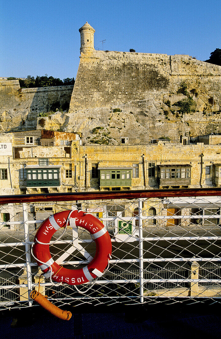 Valletta ramparts seen from the MS Sapphire deck when arriving at sunrise. Malta.