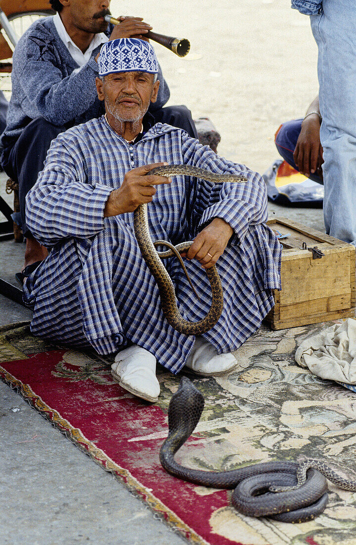 Snake charmer on Jemaa El-Fna square, the liveliest place night and day in Marrakech. Morocco.