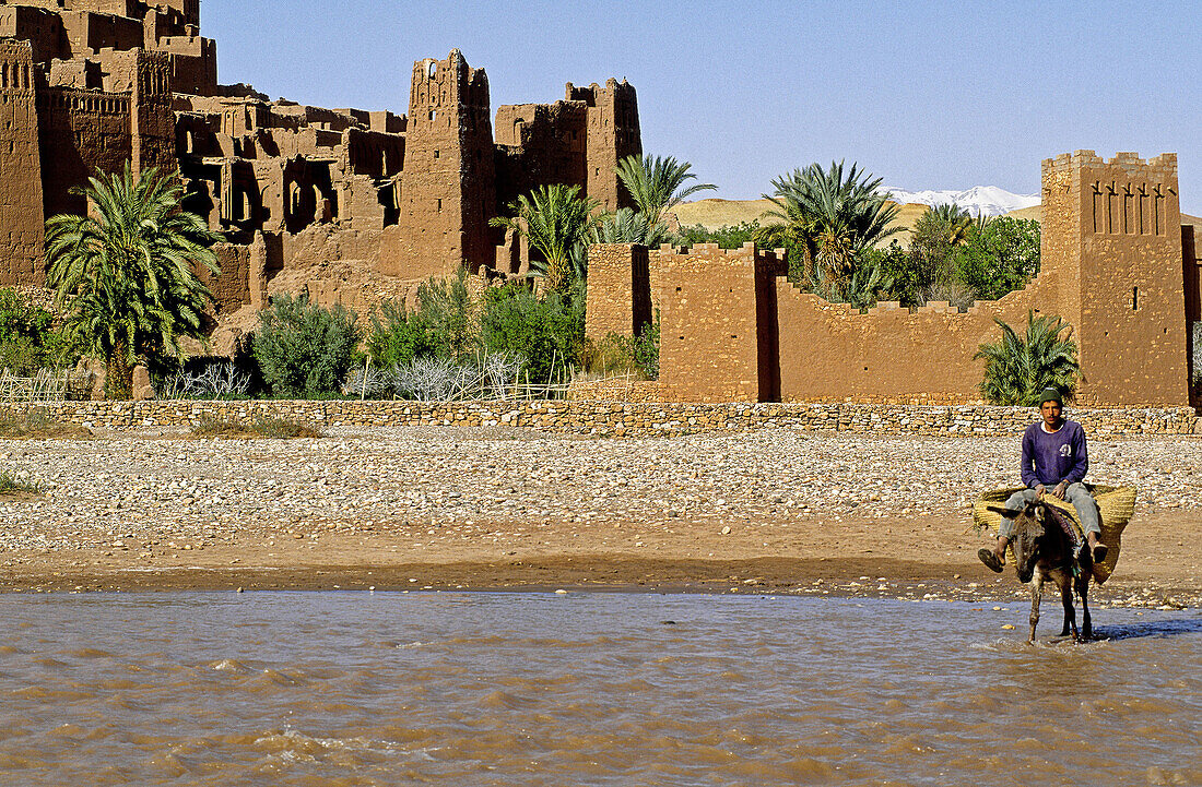 Ait BenHaddu Ksar (adobe fortress), river (oued) in spring. South, Ouarzazate region. Morocco.