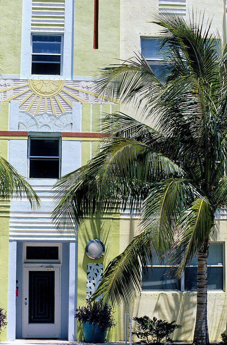 Detail on facade in Ocean Drive, Art deco district, South Beach. Miami Beach. Florida, USA