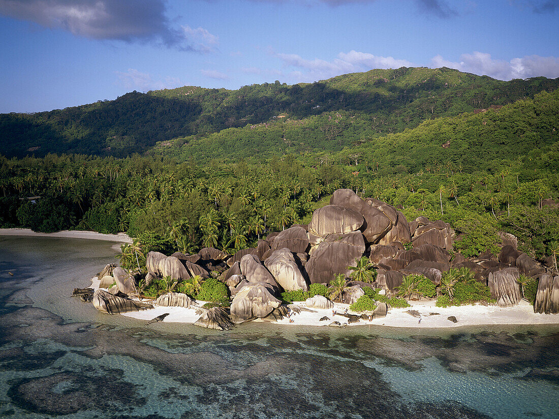 Aerial of La Source d Argent Beach. La Digue island. Seychelles Archipelago.