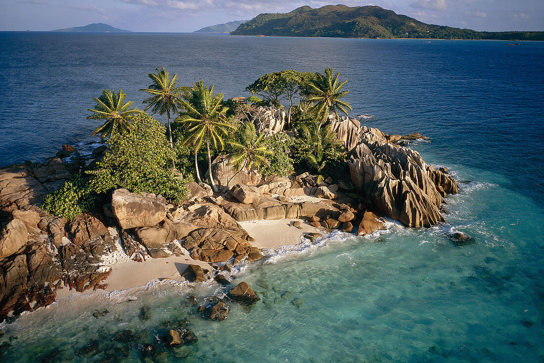 Saint-Pierre islet. Praslin island. Aerial with La Digue Island at back. Seychelles