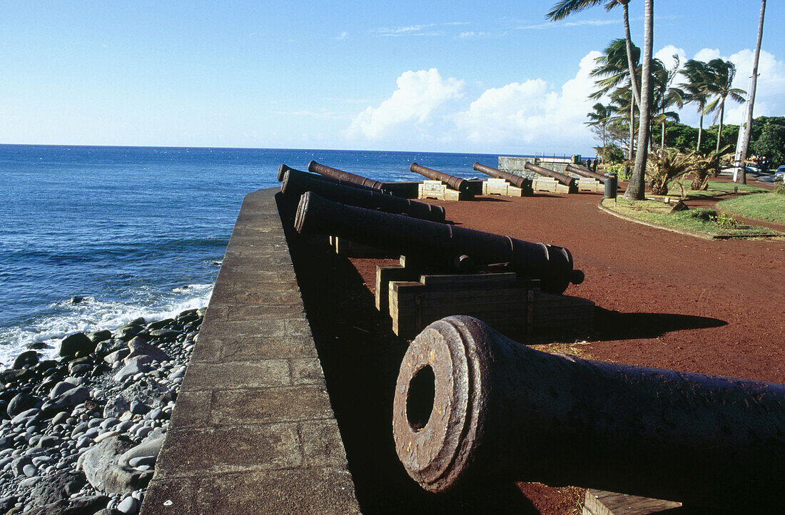 Saint-Denis waterfront. 17th century guns lined. Reunion Island