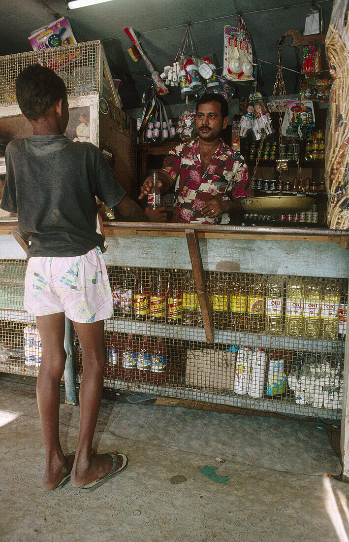 Small grocery owned by a tamil. Victoria, the capital. Mahe Island. Seychelles archipelago. Indian Ocean.