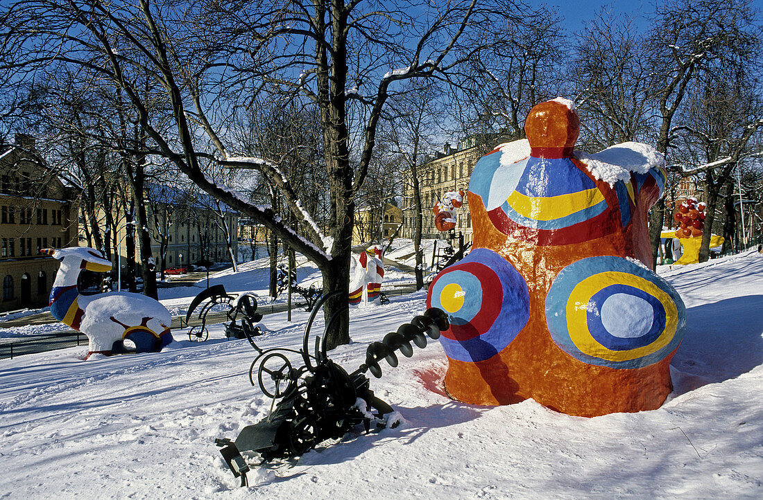 Sculptures by Nikki de Saint Phalle in winter. Stockholm. Sweden