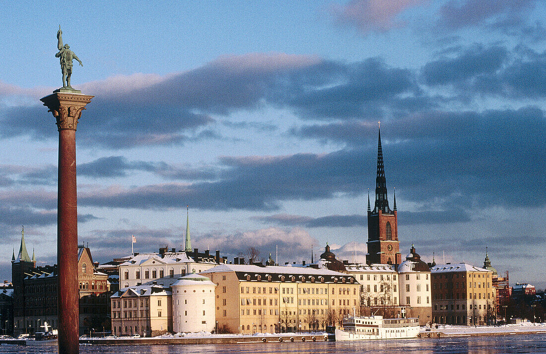 View on Riddar-Holmen island from Kungsholmen city hall. Column at fore. Stockholm. Sweden.
