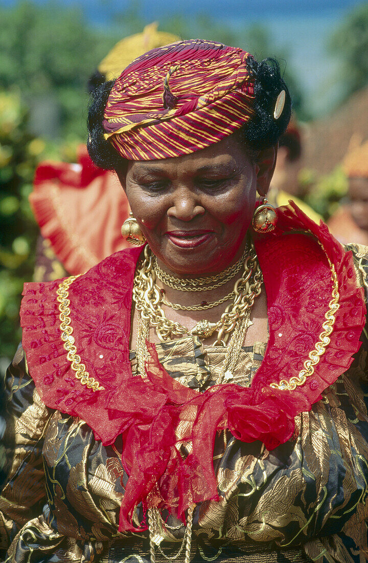 Sunday mass in Sainte-Marie with ladies dressed in traditional attire. Martinique, Caribbean, France