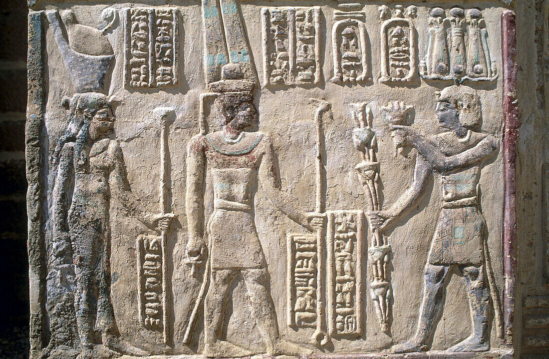 Relief in Deir el-Hagar Roman temple, Dakhla oasis. Lybian desert, Egypt