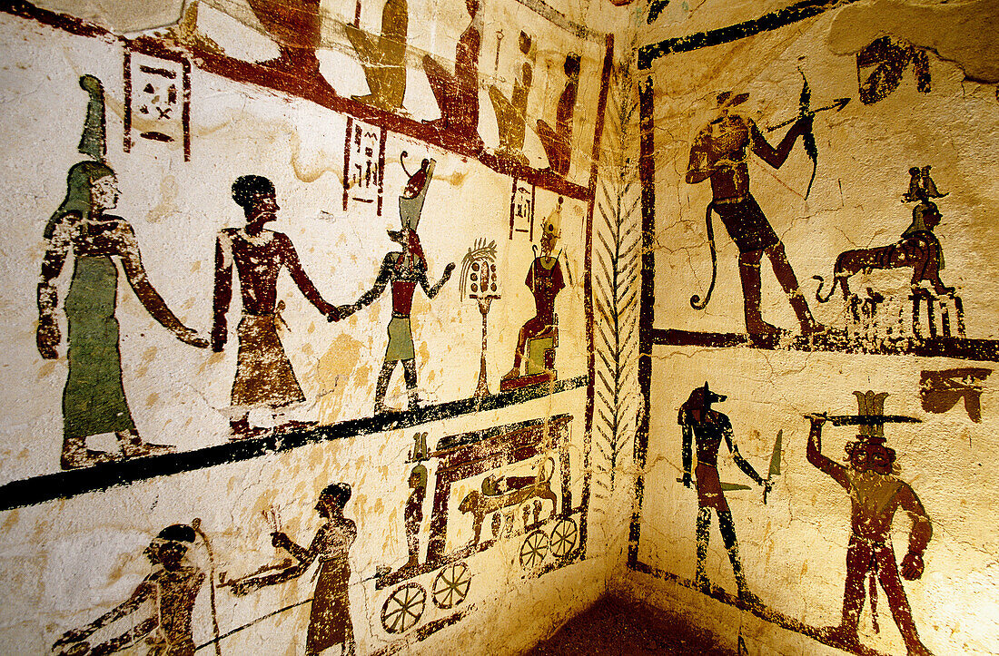 Decorated walls in Sadosiris tomb, Muzawaka tombs. Dakhla oasis. Libyan desert, Egypt
