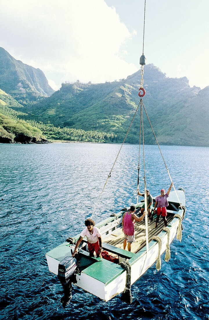 Freighter and liner Aranui cruise in Hiva-Oa. Marquesas archipelago. French Polynesia