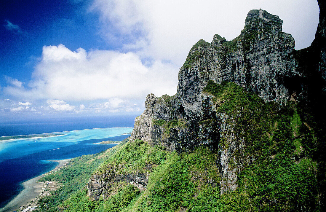 Aerial of the Otemanu peak in Bora-Bora. Leeward islands. Society archipelago. French Polynesia