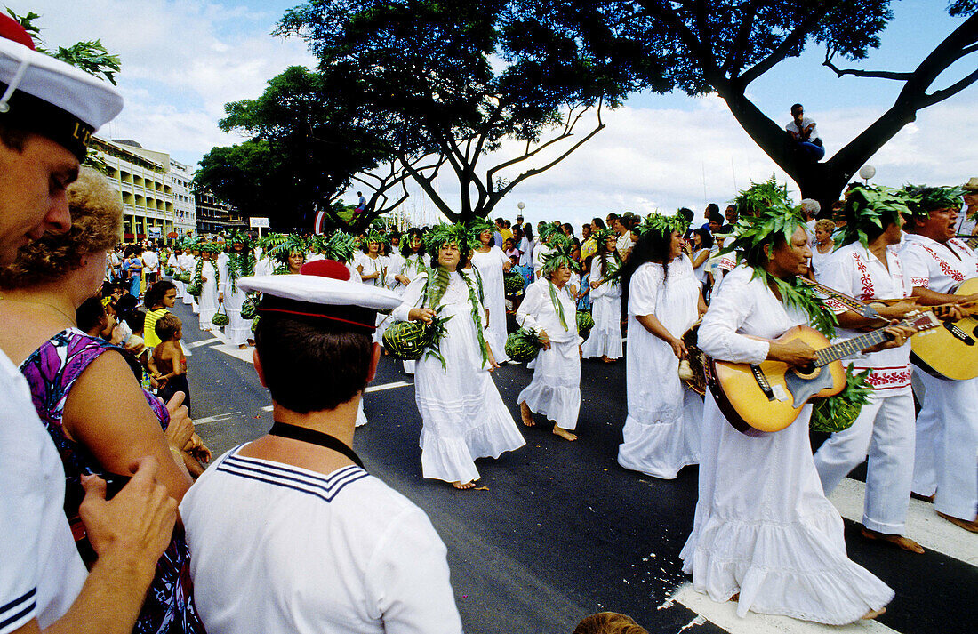 Parade for the Heiva festival in July. Papeete. Tahiti island in the Windward islands. Society archipelago. French Polynesia