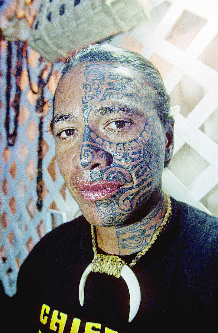 Georges Tihoti Barff from Huahine island is a tattoed tattoer. Tahiti island in the Windward islands. Society archipelago. French Polynesia (model released)