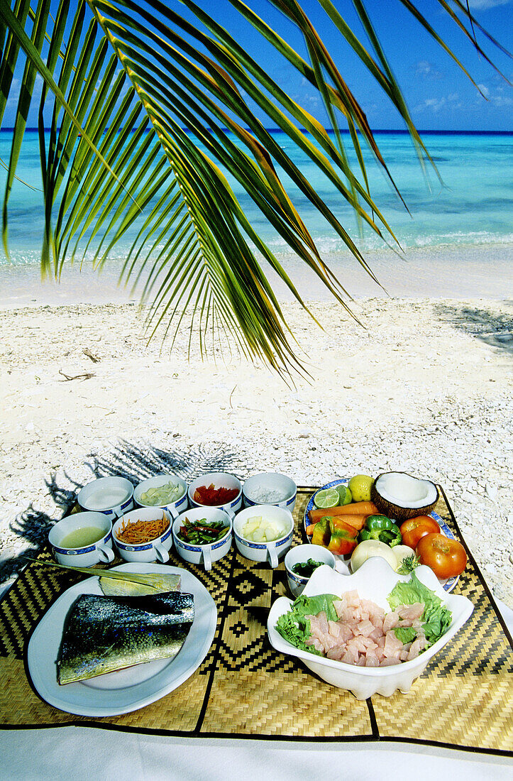 Ingredients for preparing the tahitian raw fish. Kia Ora luxury hotel beach. Rangiroa atoll. Tuamotus archipelago. French Polynesia