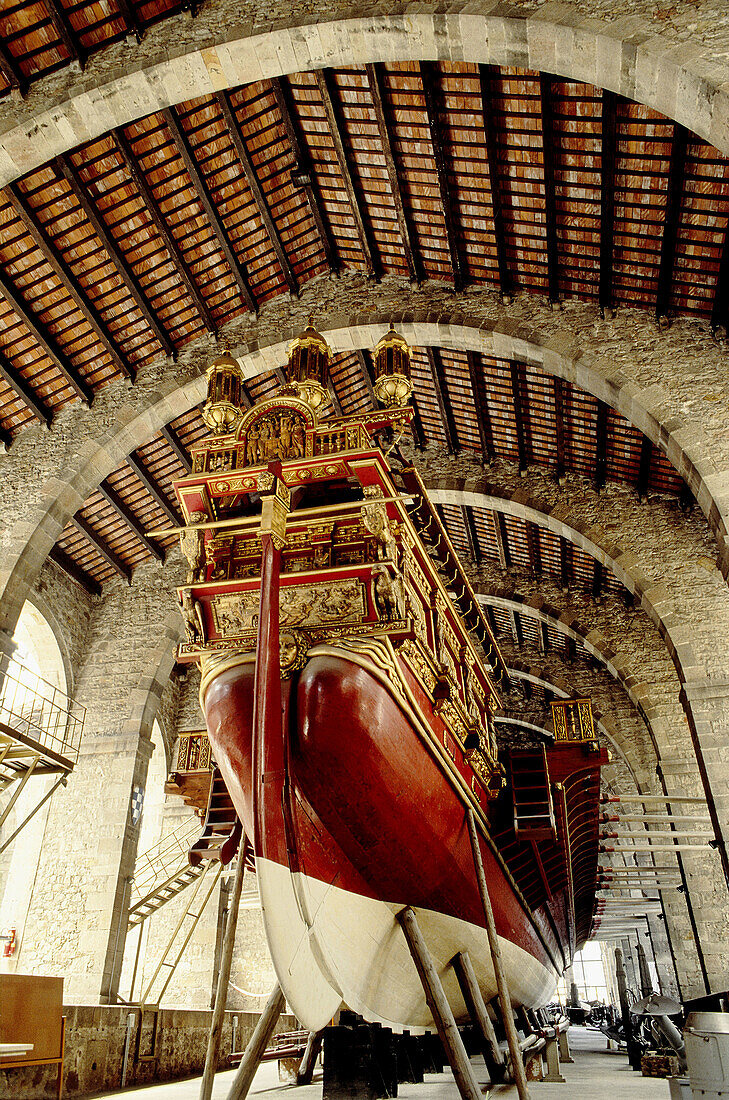 Reproduction of royal galley of John of Austria at Battle of Lepanto (1571) in the Maritime Museum of Barcelona. Spain
