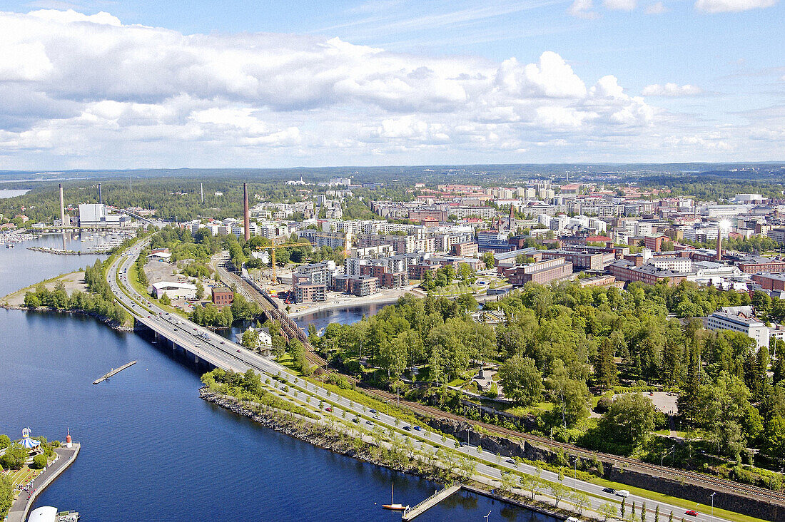 View on the city and surrounding lakes from top of TV tower and revolving restaurant. City of Tampere. Finland