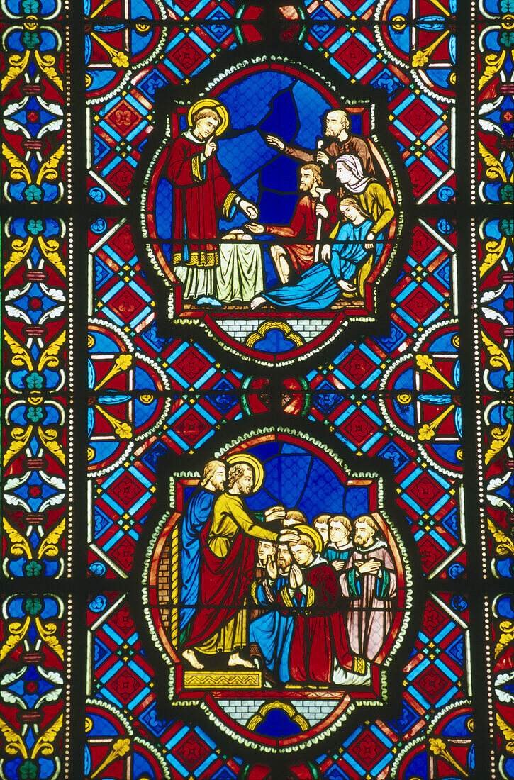 Stained glass window, detail. Cathedral of Saint-Gatien. Tours. France