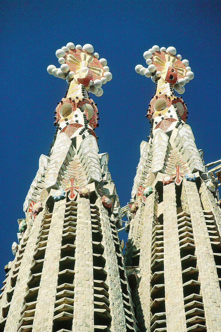 Detail of bell towers of the Sagrada Familia church by Gaudí. Barcelona. Spain