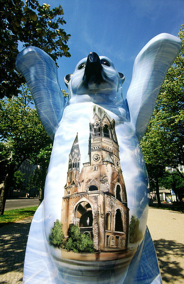 Buddy Bear Berlin show: bear representing Kaiser Wilhelm Memorial church. Berlin. Germany