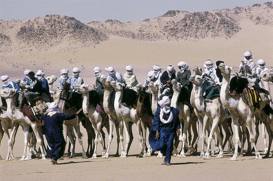 Tuareg riders gathering for the race start at the annual Sebiba camel race. Djanet Oasis. Tassili n Ajjer. Sahara. South Algeria