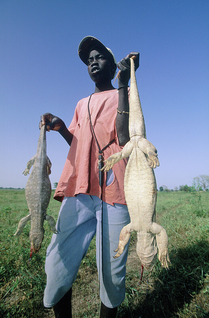 Boy hunted two large lizard for eating. Foundiougne. Sine Saloum. Senegal