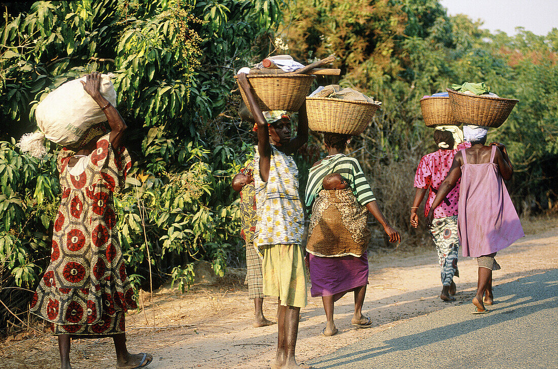Woman carrying goods on their heads. Casamance. Senegal