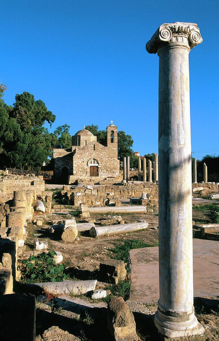 Early Christian basilica ruins and Panayia Chrysopolitissa church. Paphos. Cyprus