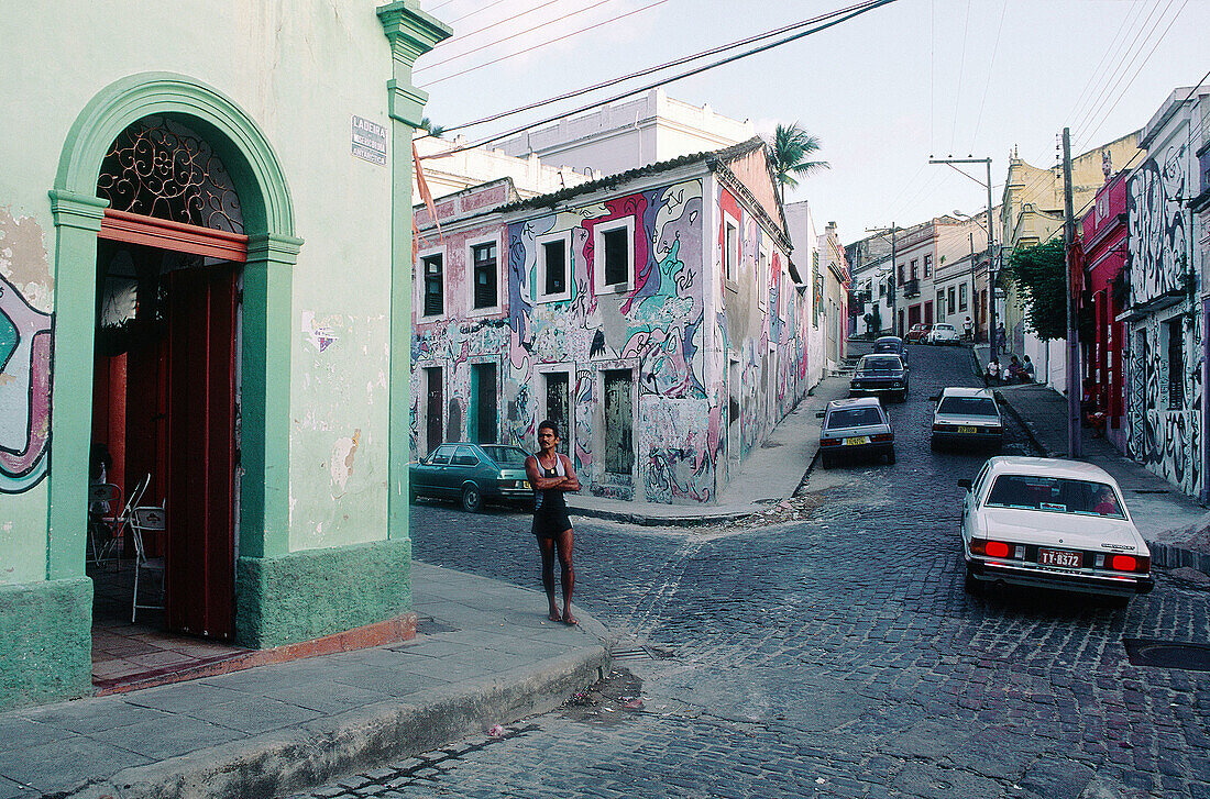 Street crossing at dusk. Historic city of Olinda. Recife. Brazil