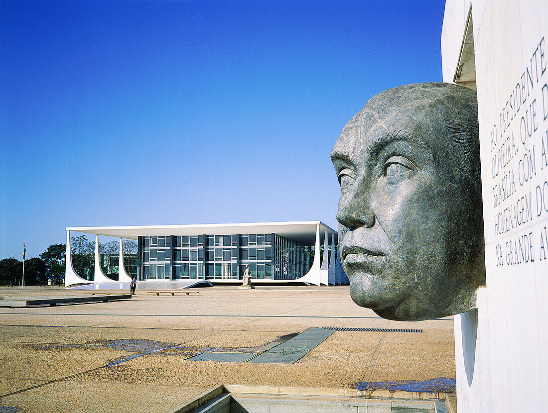 Monument of the Three Powers, projected by Oscar Niemeyer with bust of president Kubitschek. Brasilia. Brazil