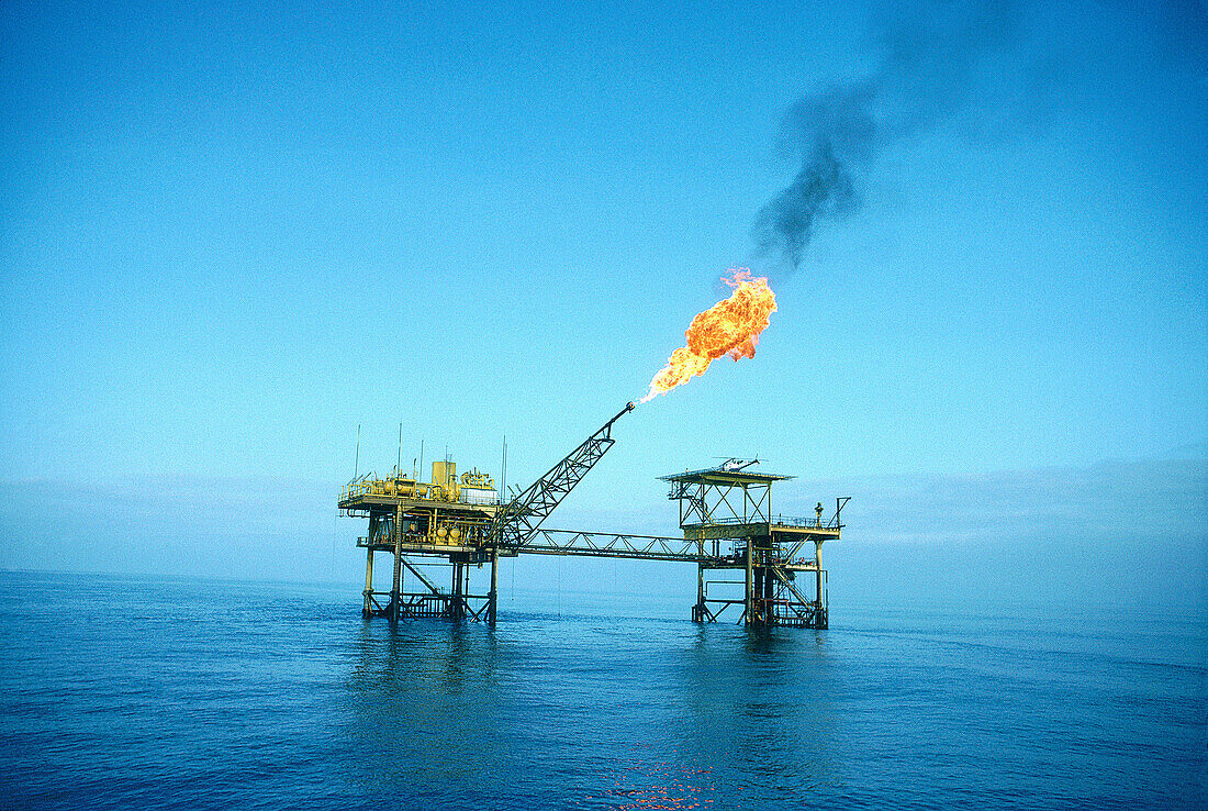 Gas burning. Oil extraction offshore. Port Gentil vicinity. Gabon