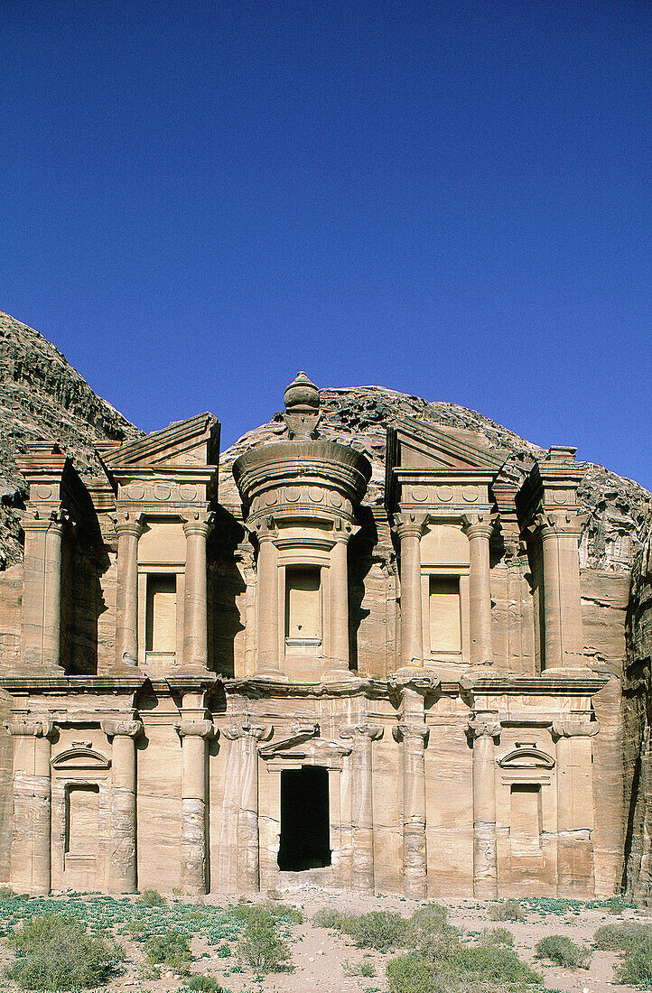 The Deir (also called the monastery ) is carved in the rock by a remote place on the mountain at II th century BC by the Nabatean people was a place of worship, later on used as a primitive church. Archeological site of Petra. Jordan