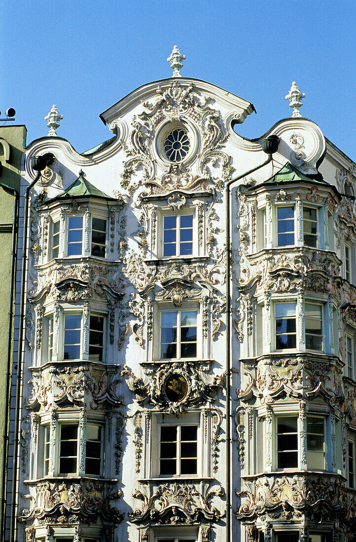 Helblinghaus, facade decorated with late Baroque plasterwork and front oriels by Anton Gigl (c. 1730). Old town, Innsbruck. Austria