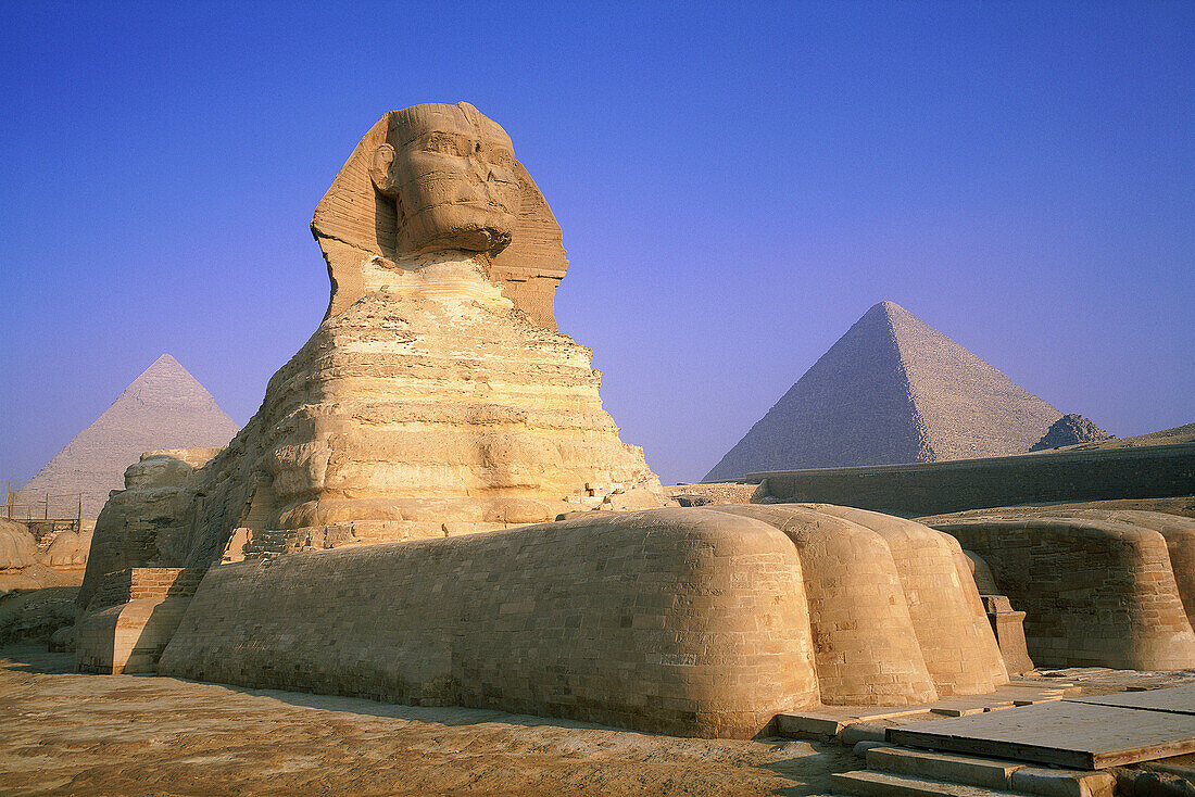 The Sphinx and pyramids at the back. Gizeh. Egypt