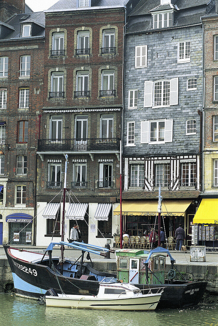 Houses covered with slates lining the harbour. Honfleur. Seine-Maritime. Normandy. France