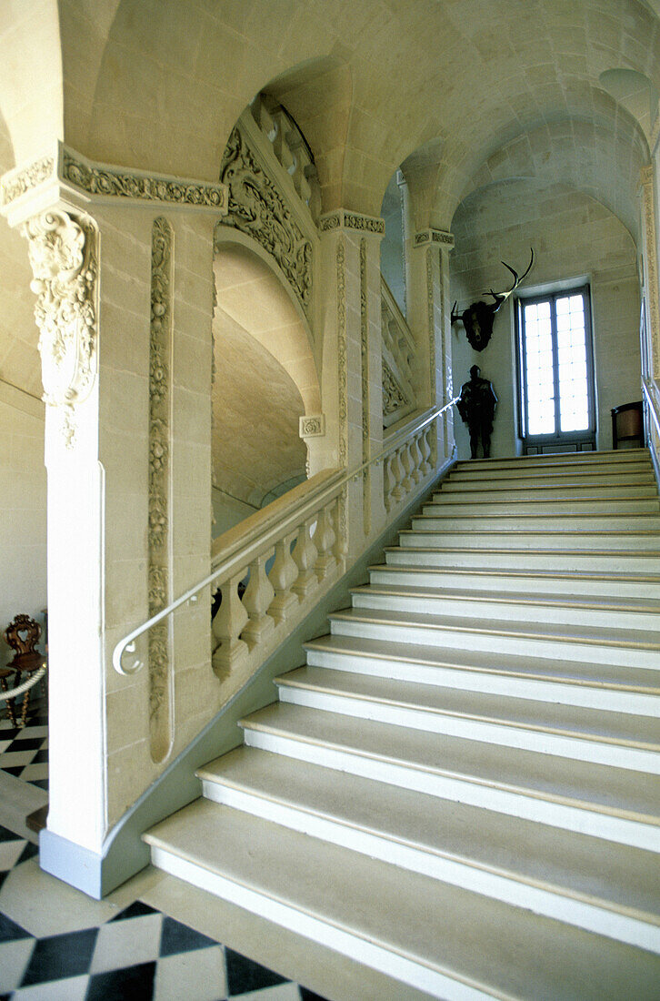Main stairs in Cheverny Castle. Touraine (Chateaux country). Val-de-Loire. France