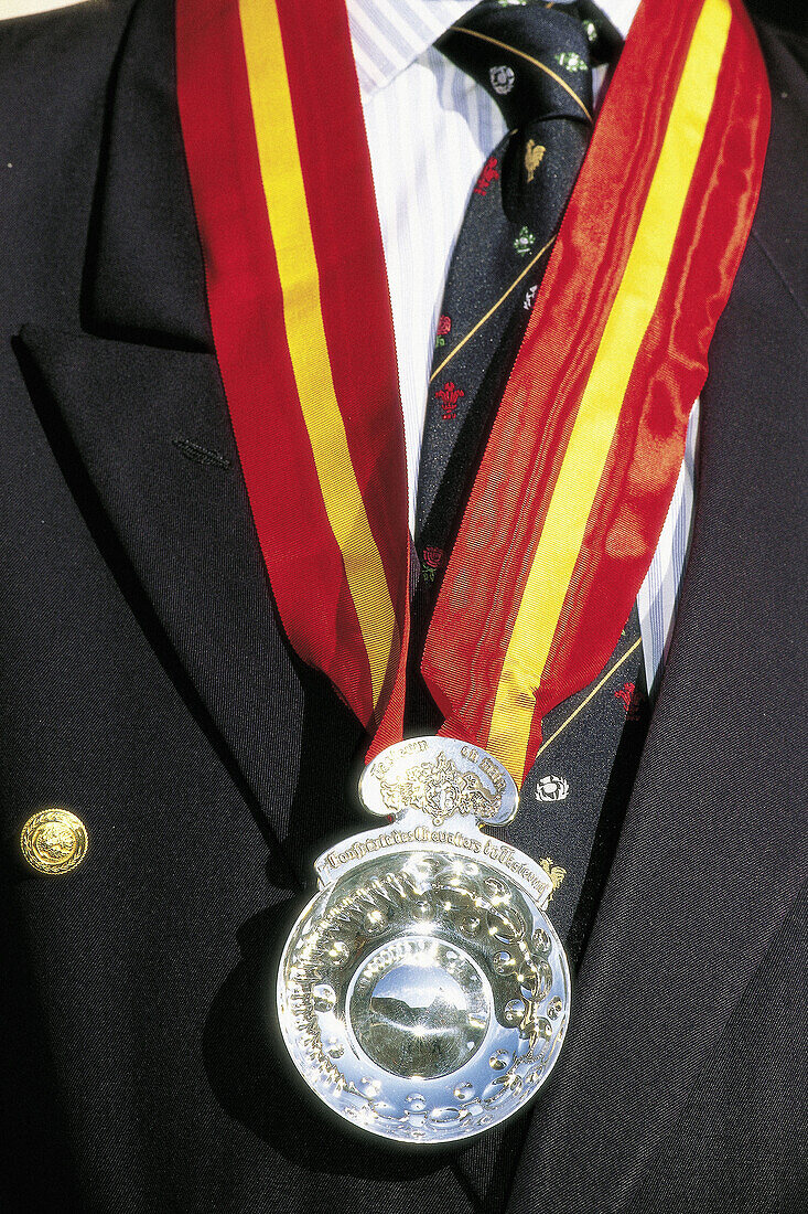 Chevalier du Tastevin wearing his silver Tastevin badge. Clos Vougeot. Cote de Nuits. Cote d Or. Burgundy. France