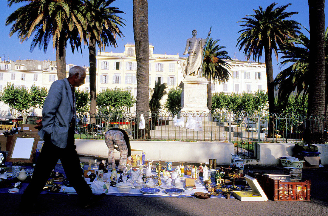 Saturday fleemarket in Bastia. At back the Napoleon monument. Haute-Corse. Corsica Island. France