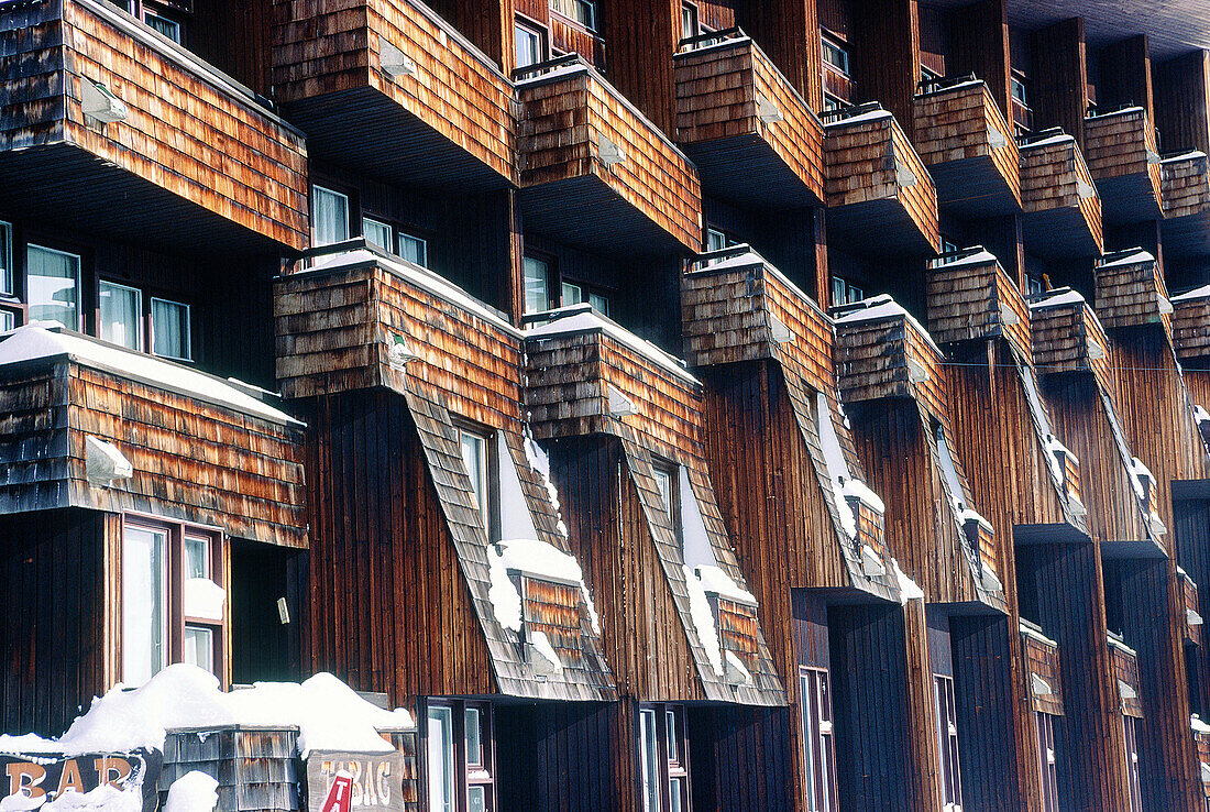 Detail of facade (Jacques Labro, Jena Jacques Orzoni and Jean-Marc Roques architects) at Avoriaz, sky resort. Haute-Savoie, Alps. France