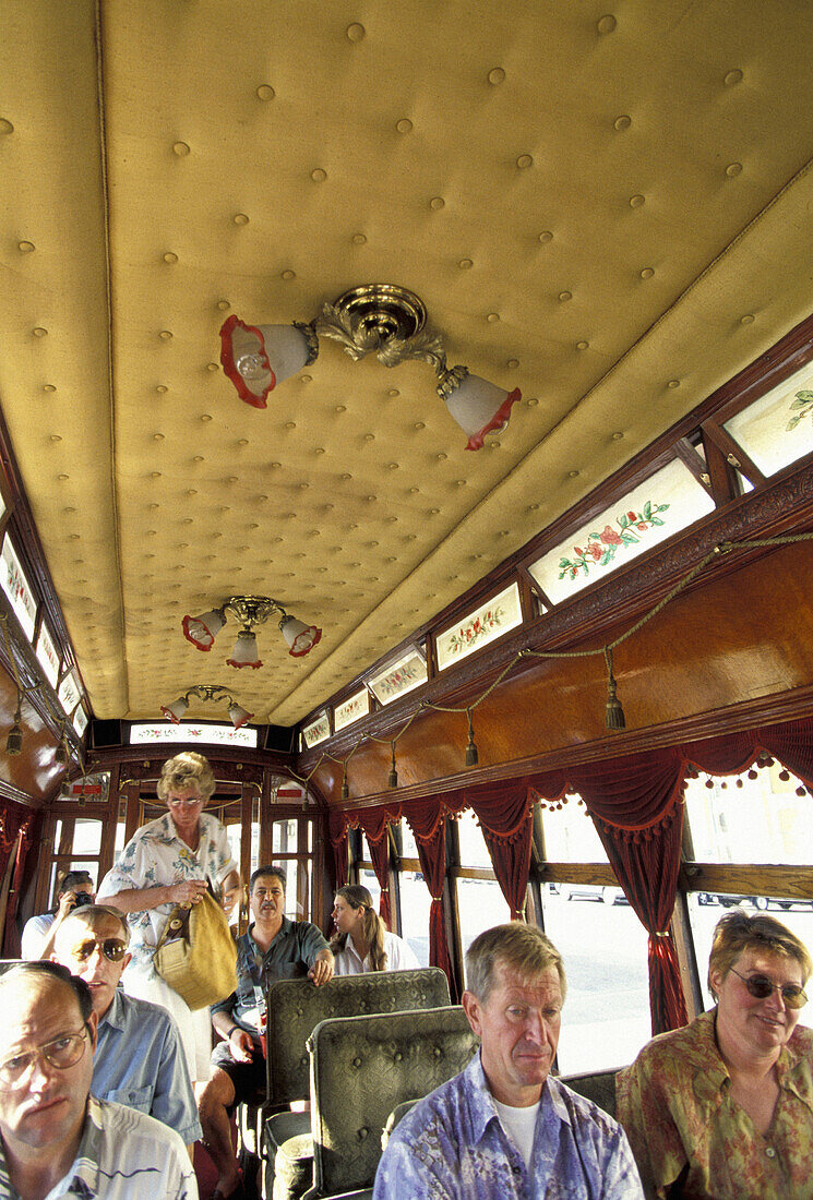 Interior of an antique model. Local Tramway Electrico . Lisbon. Portugal
