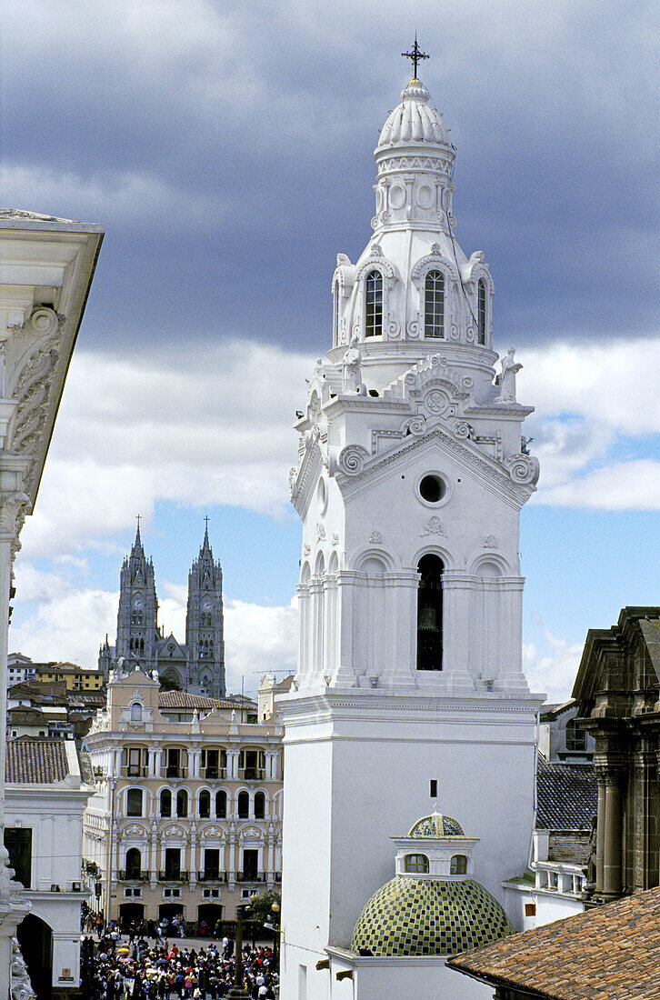 Cathedral and bell tower from the top of the Museo de Arte Colonial. Quito. Ecuador