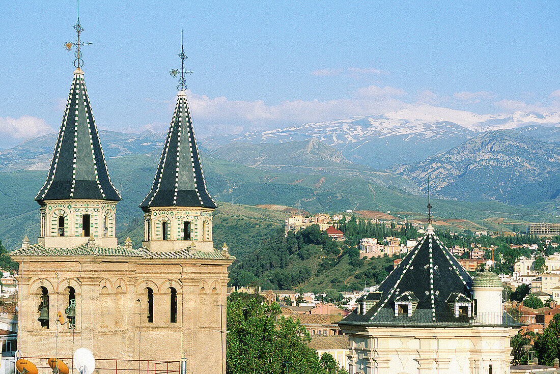 Overview on the city and Sierra Nevada mountains in background. Granada. Spain