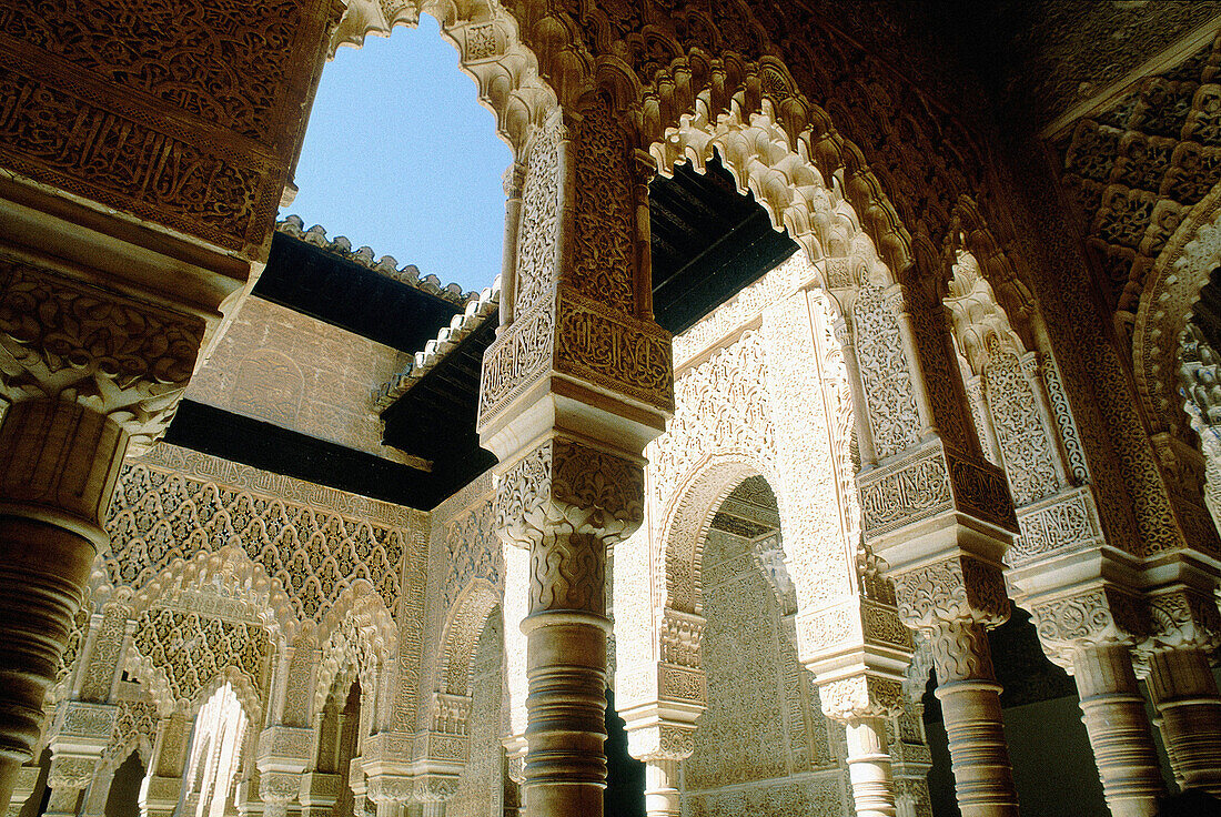 Detail of columns at the Courtyard of the Lions, Alhambra. Granada. Spain