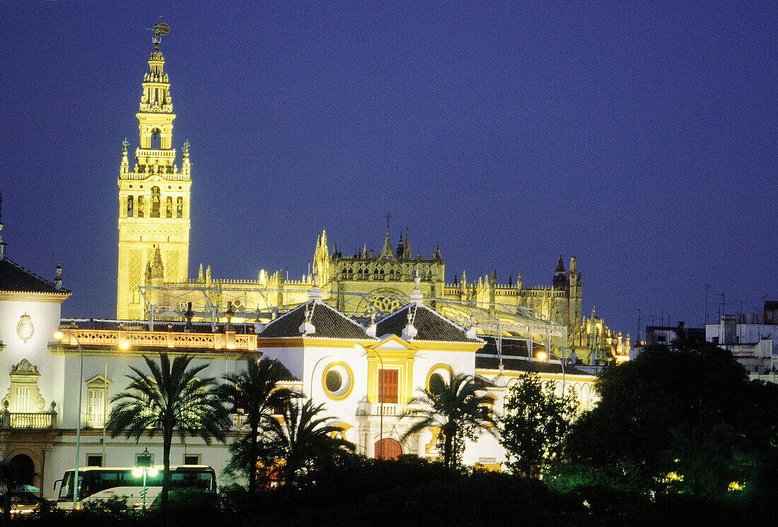Maestranza bullring and cathedral with Giralda tower in background. Sevilla. Spain