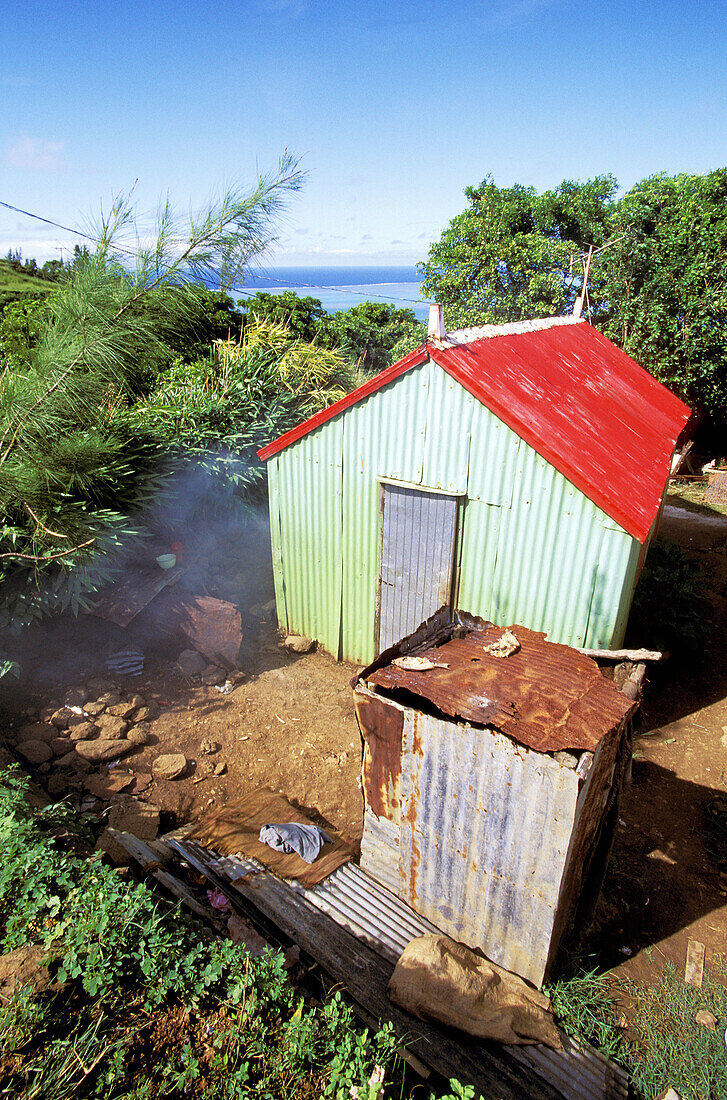 Local hut (walls and roof are made of corrugated iron). Rodrigues Island. Mauritius