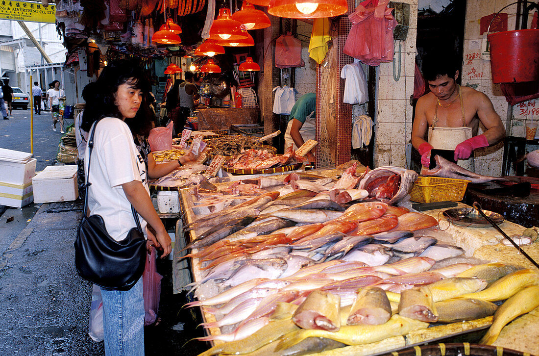 Fish and seafood stall. Kowloon, Hong Kong. China