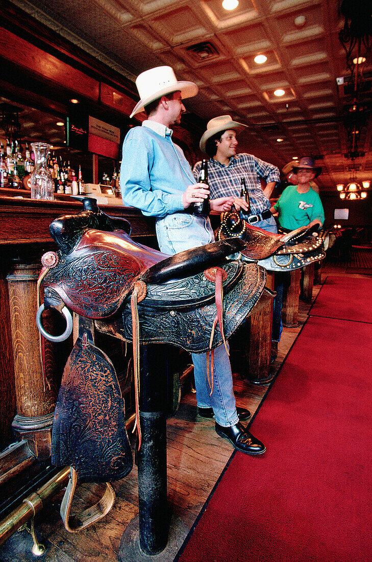 Saddle bar stools. Stockyards, Fort Worth. Texas, USA