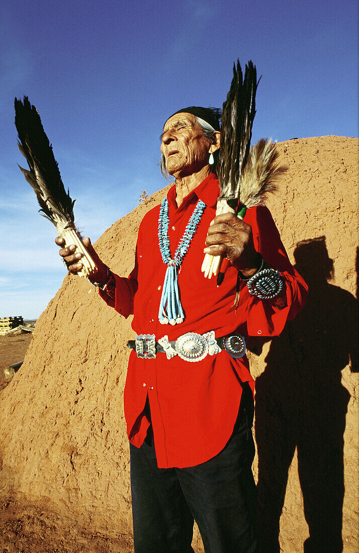 Navajo medicine man praying. Utah. USA