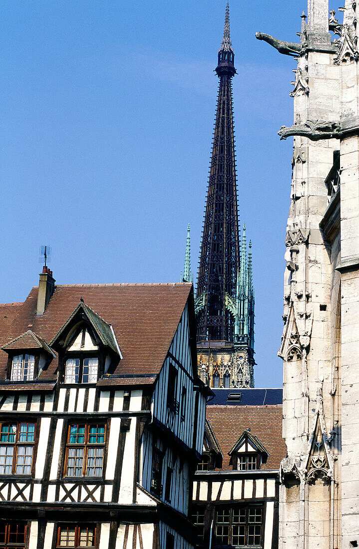 Half timbered houses and the cathedral. Rouen. Normandie (Seine-Maritime). France