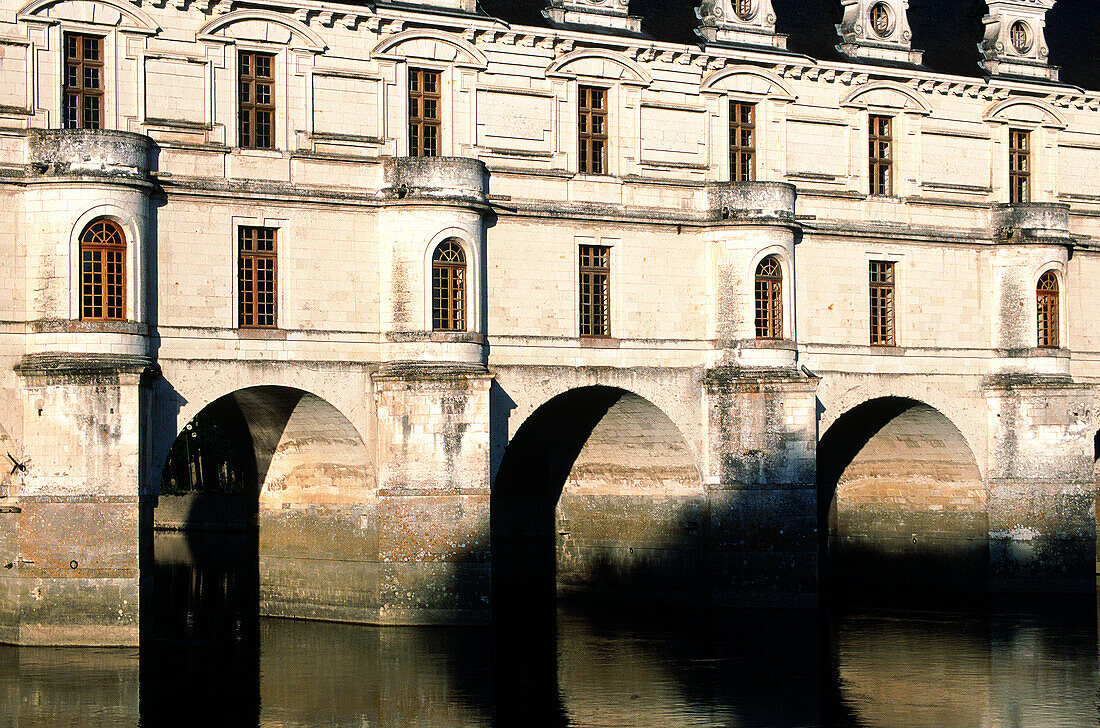 Chenonceaux Castle built as a bridge on Cher River. Val-de-Loire. France